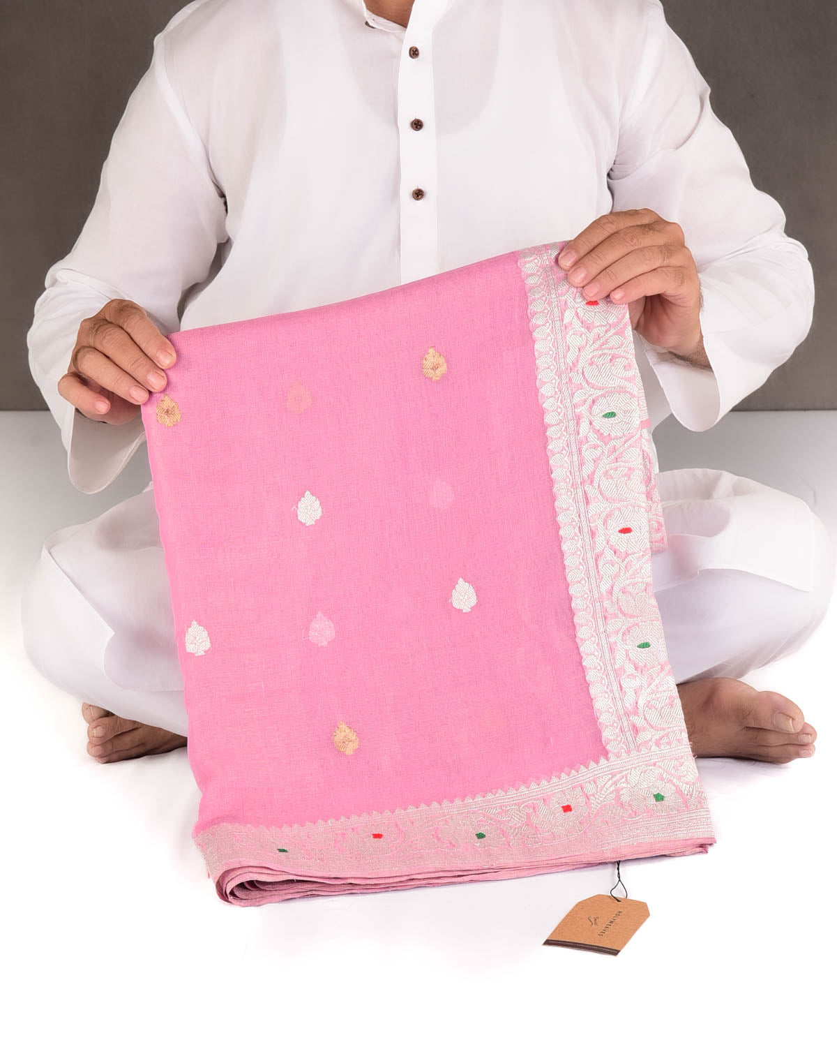 Metallic Pink Gold & Silver Zari Buti Kadhuan Brocade Handwoven Tissue Georgette Banarasi Saree with Meenekari Border Pallu