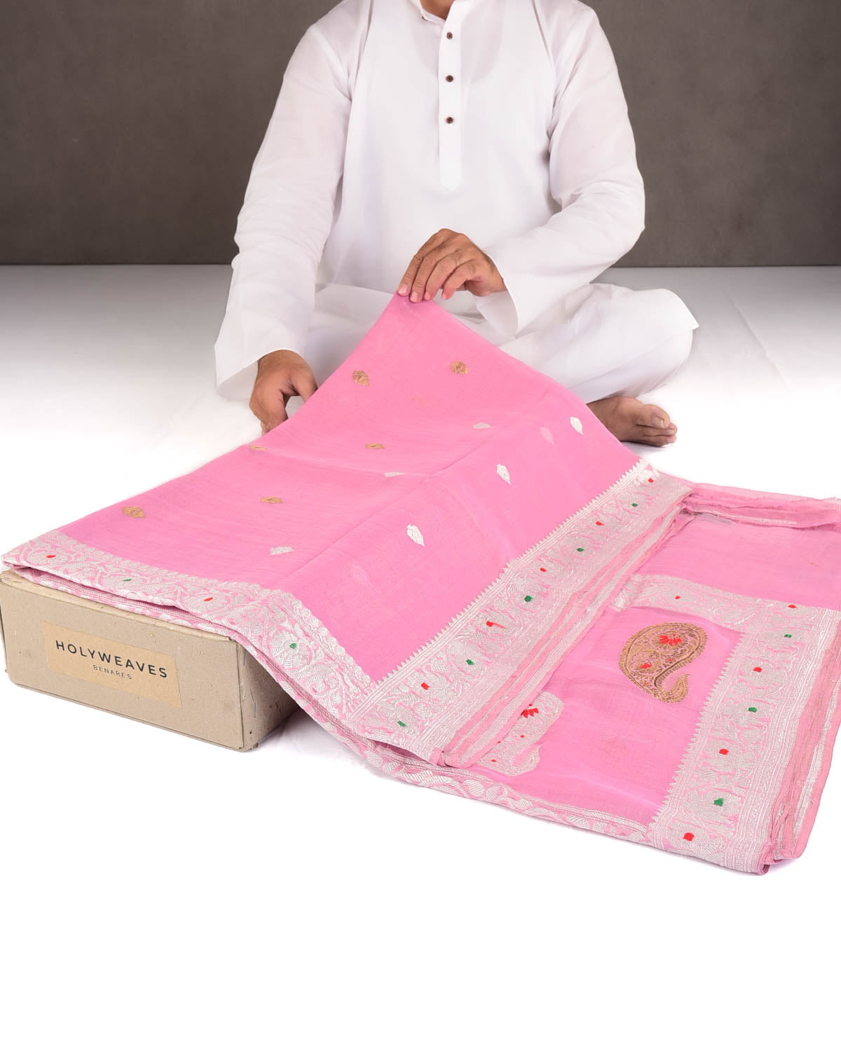 Metallic Pink Gold & Silver Zari Buti Kadhuan Brocade Handwoven Tissue Georgette Banarasi Saree with Meenekari Border Pallu