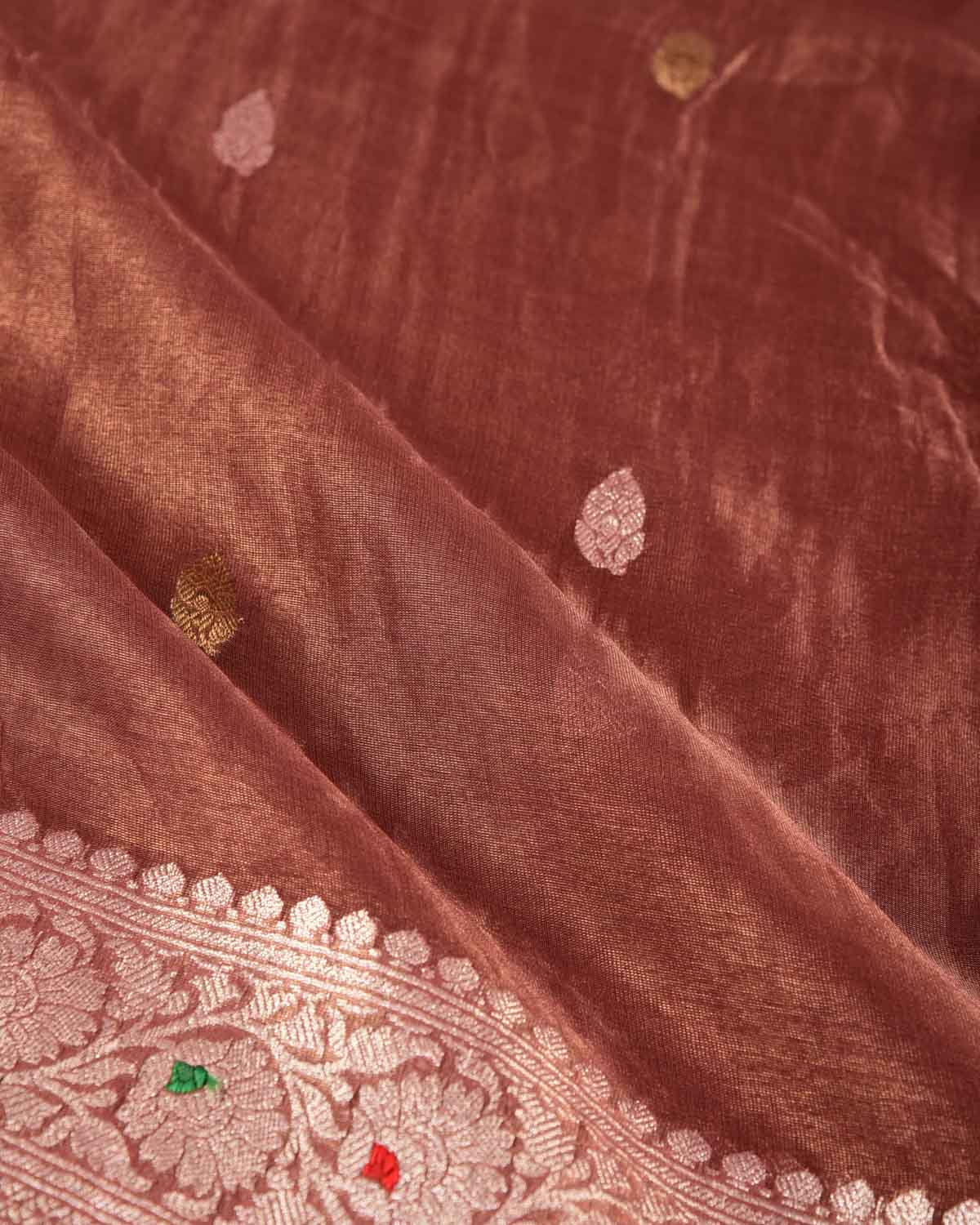 Metallic Brown Gold & Silver Zari Buti Kadhuan Brocade Handwoven Tissue Georgette Banarasi Saree with Meenekari Border Pallu