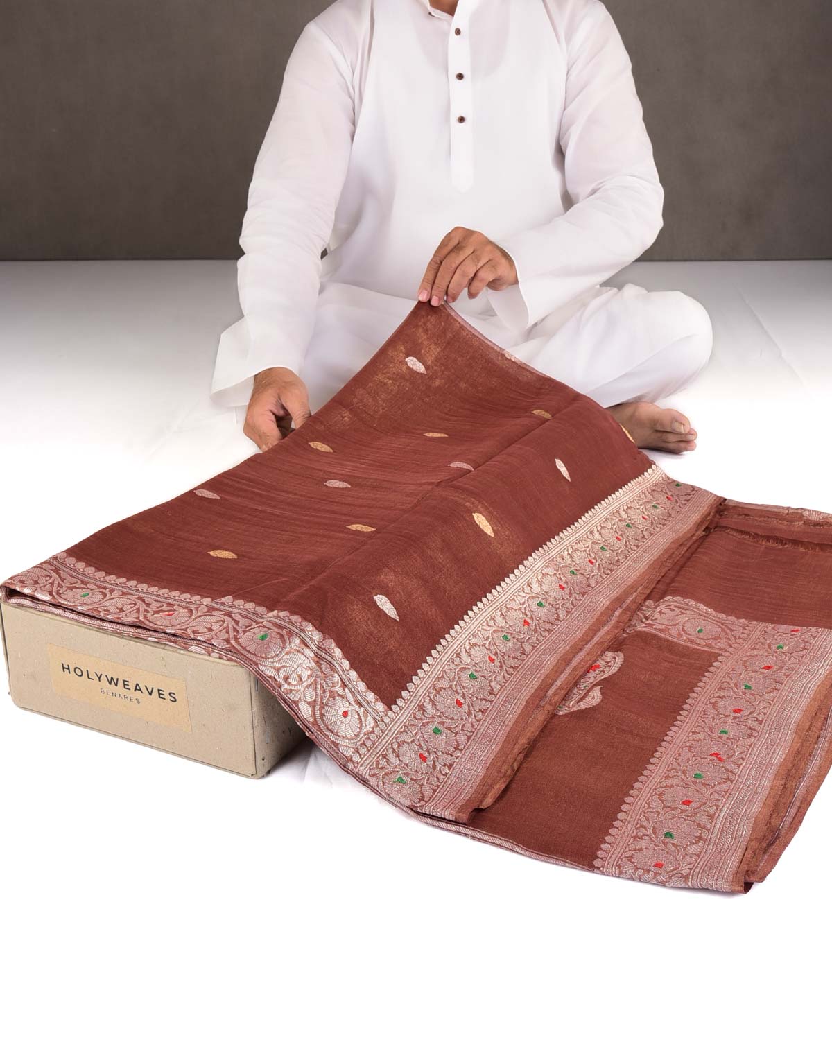 Metallic Brown Gold & Silver Zari Buti Kadhuan Brocade Handwoven Tissue Georgette Banarasi Saree with Meenekari Border Pallu