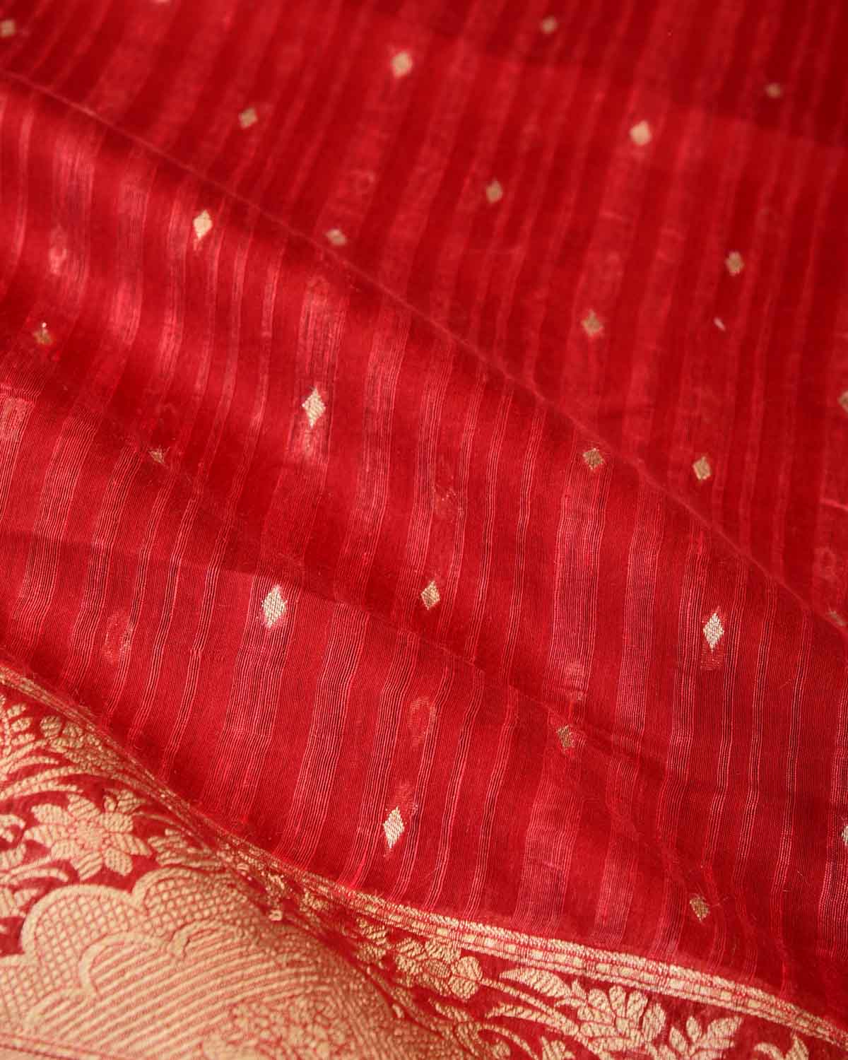 Variegated Red Gold Zari Diamond Buti Cutwork Brocade Woven Cotton Silk Banarasi Saree-HolyWeaves