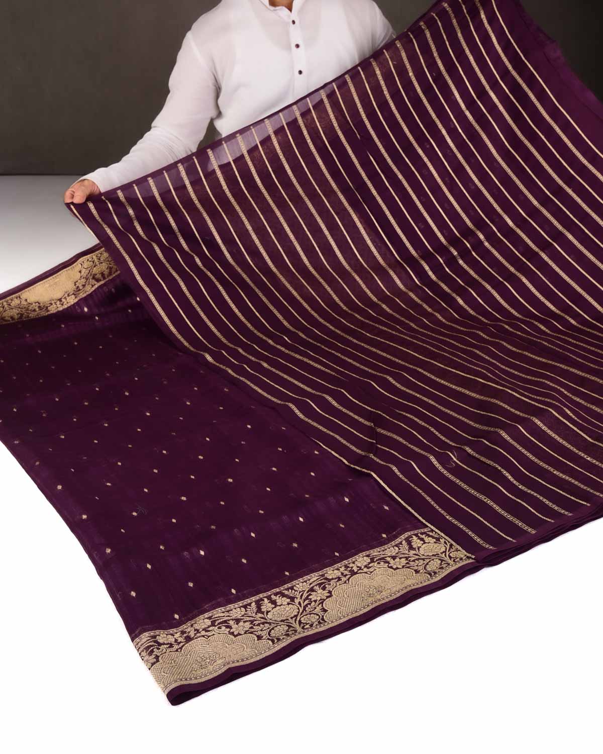 Variegated Purple Gold Zari Diamond Buti Cutwork Brocade Woven Cotton Silk Banarasi Saree