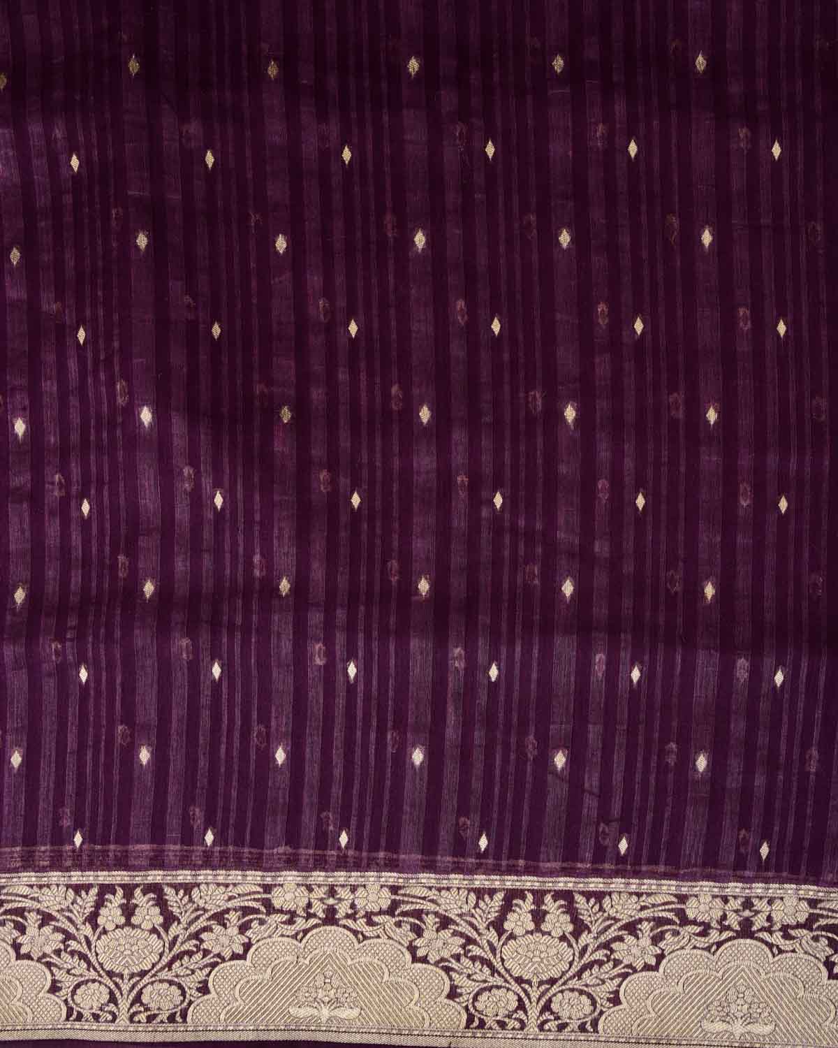Variegated Purple Gold Zari Diamond Buti Cutwork Brocade Woven Cotton Silk Banarasi Saree