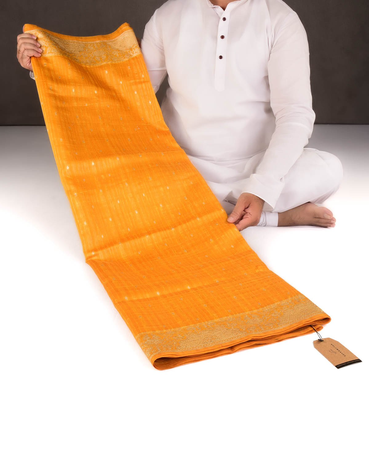 Variegated Orange Gold Zari Diamond Buti Cutwork Brocade Woven Cotton Silk Banarasi Saree-HolyWeaves