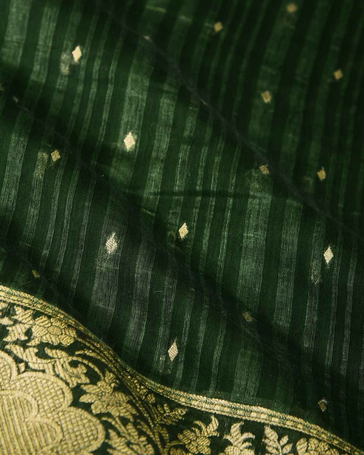 Variegated Green Gold Zari Diamond Buti Cutwork Brocade Woven Cotton Silk Banarasi Saree-HolyWeaves