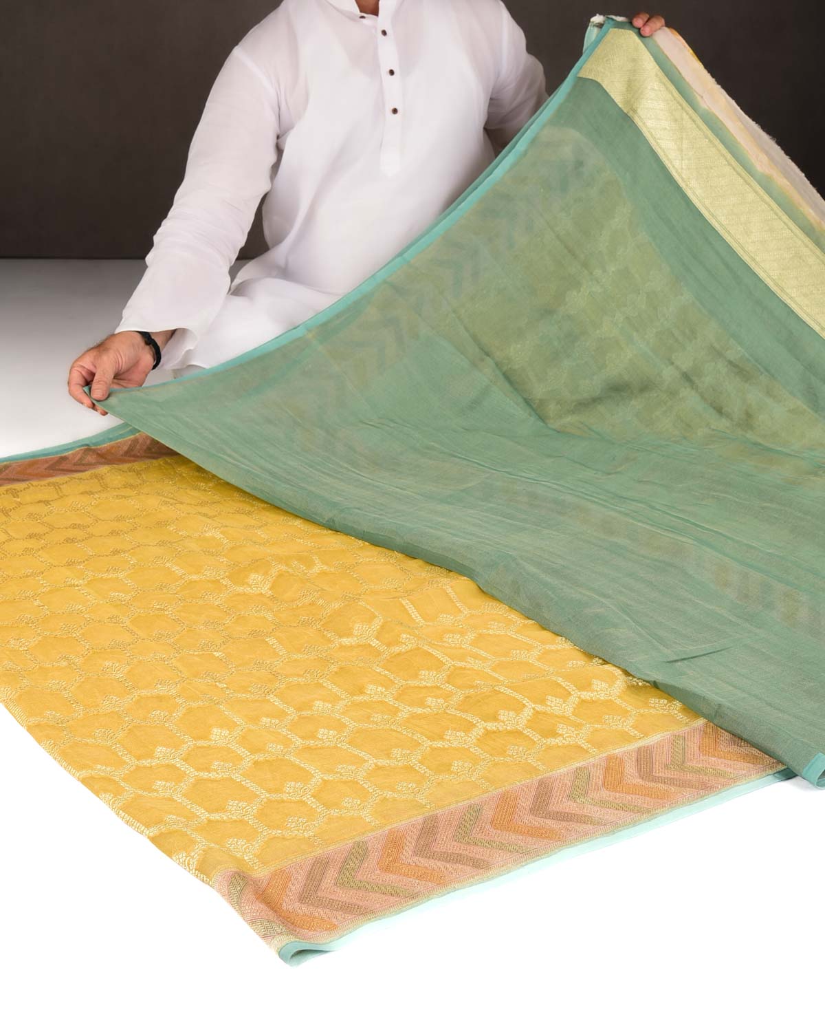 Yellow Gold Zari Jangla Hand Brush Dye Border Cutwork Brocade Woven Georgette Tissue Banarasi Saree-HolyWeaves