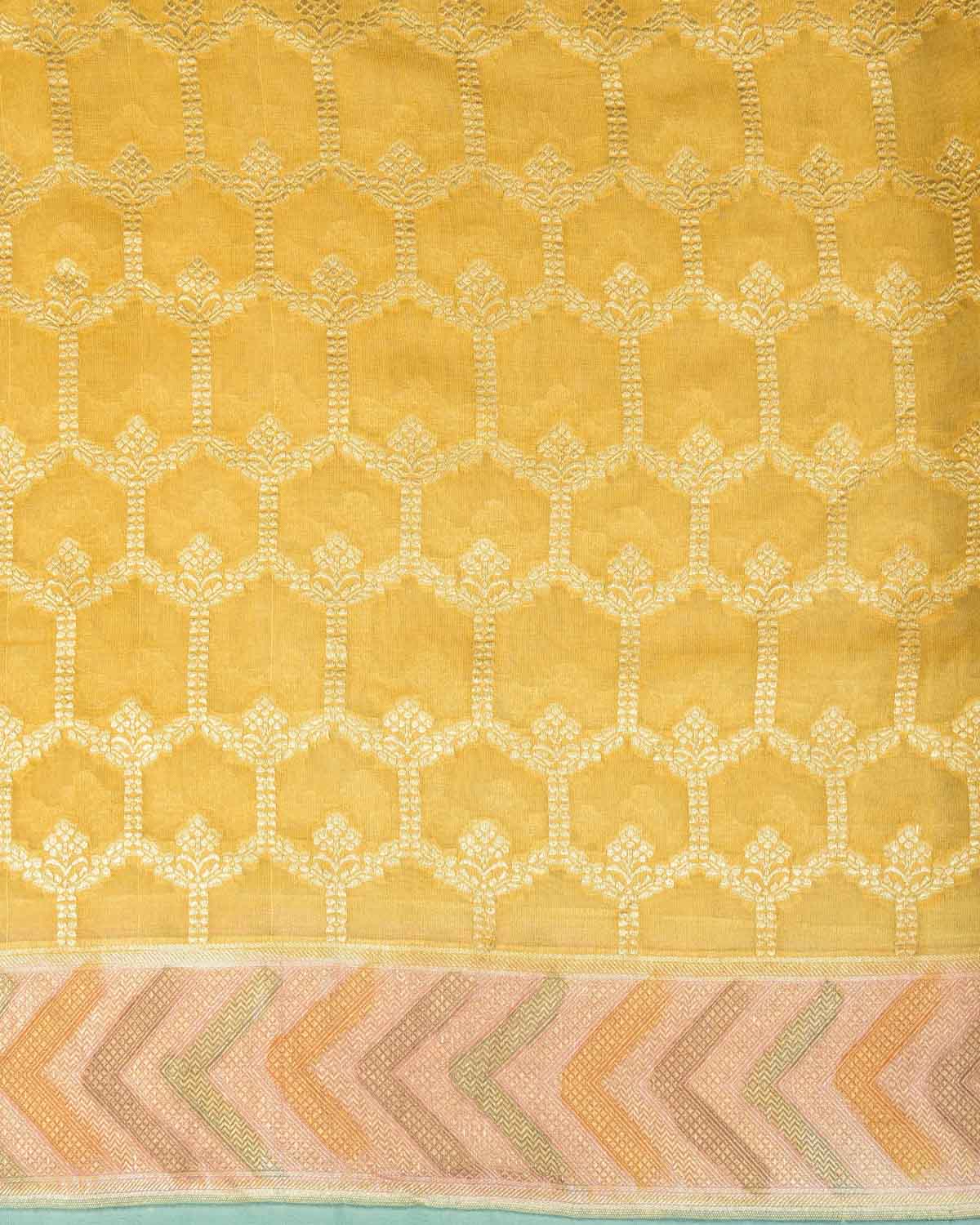 Yellow Gold Zari Jangla Hand Brush Dye Border Cutwork Brocade Woven Georgette Tissue Banarasi Saree-HolyWeaves