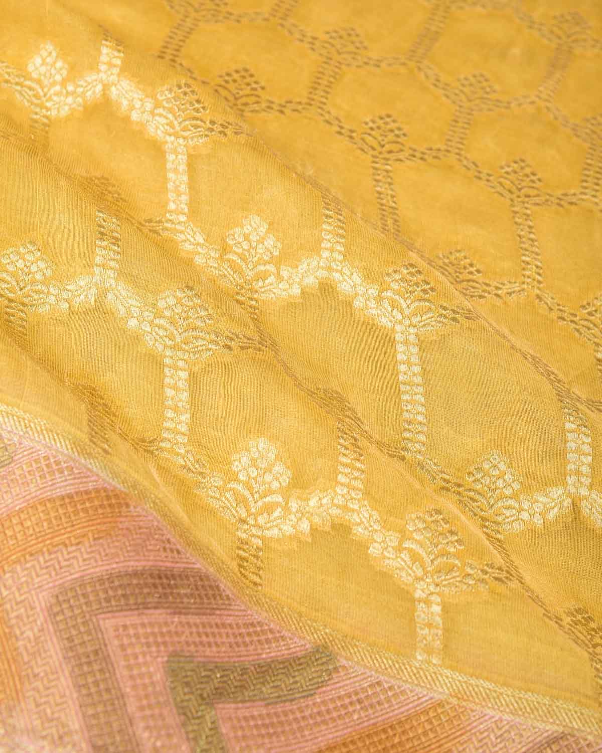 Yellow Gold Zari Jangla Hand Brush Dye Border Cutwork Brocade Woven Georgette Tissue Banarasi Saree-HolyWeaves