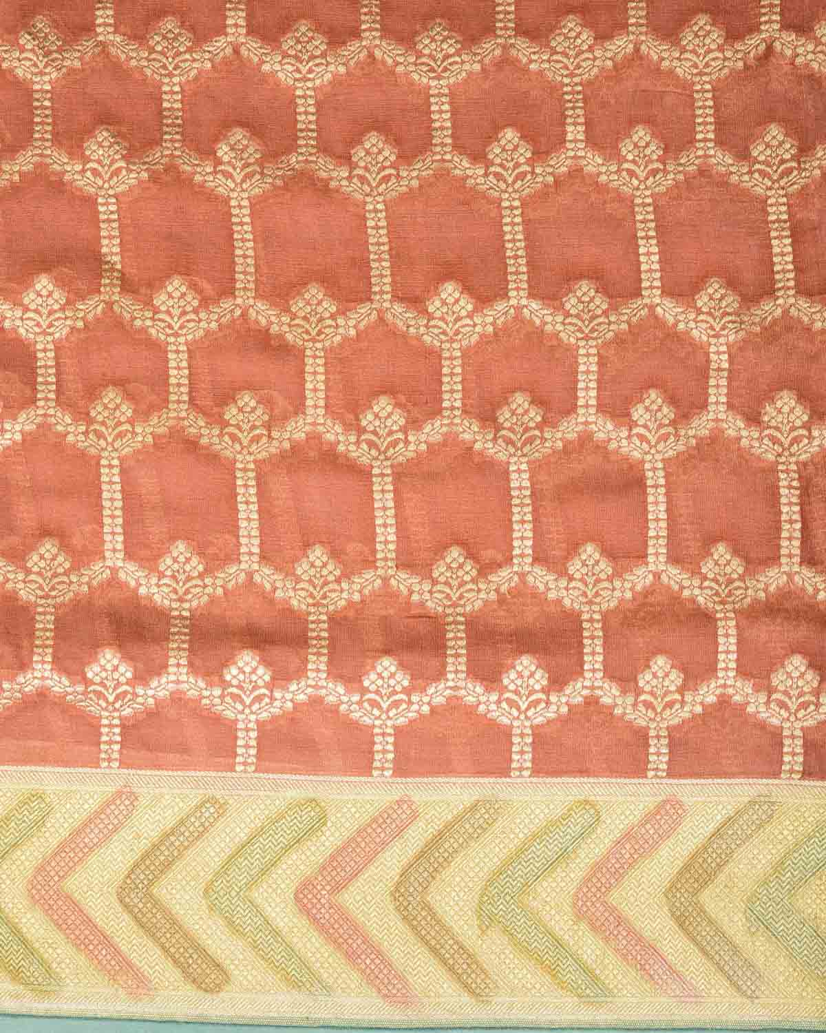 Garnet Gold Zari Jangla Hand Brush Dye Border Cutwork Brocade Woven Georgette Tissue Banarasi Saree