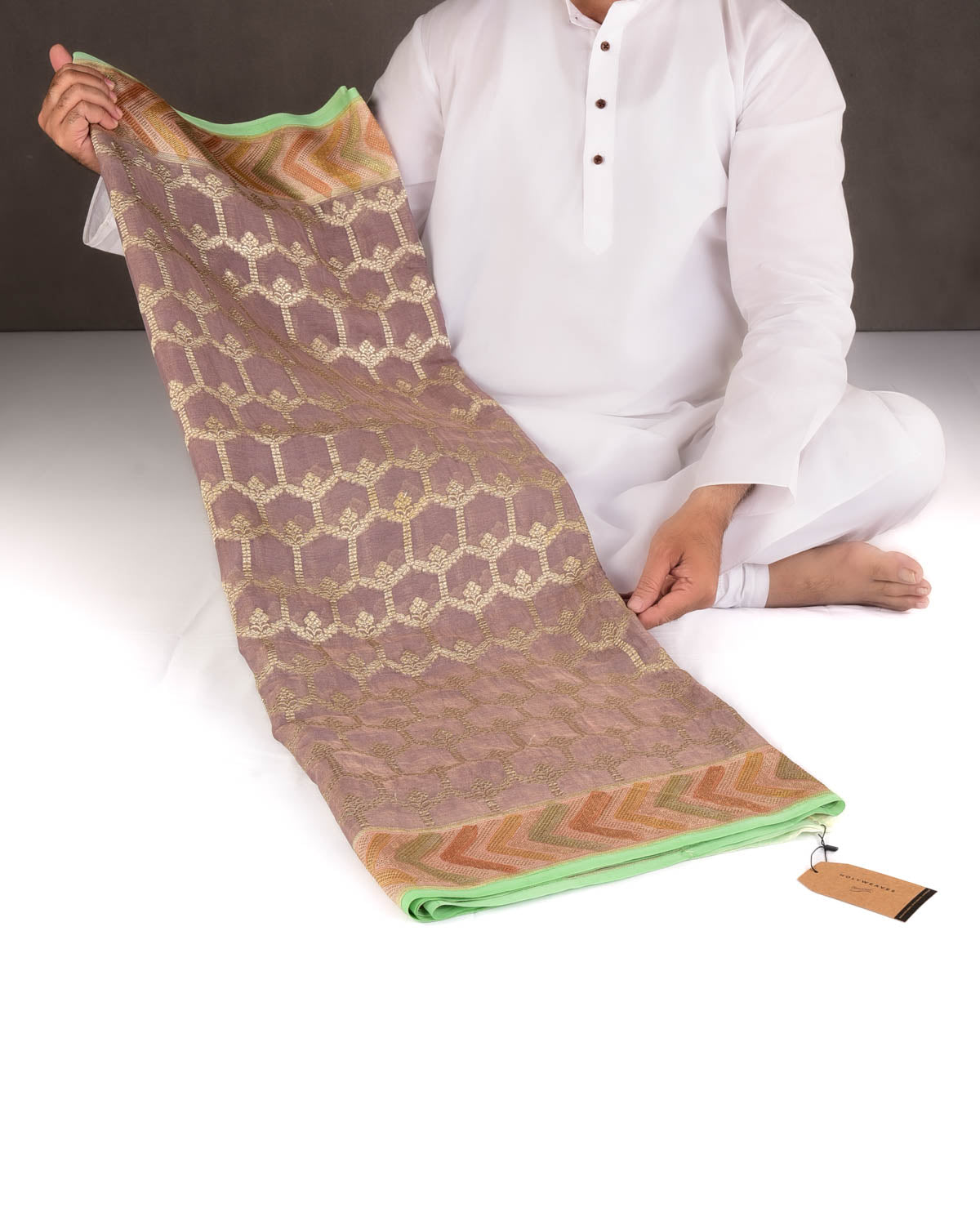 Metallic Rose Gray Gold Zari Jangla Hand Brush Dye Border Cutwork Brocade Woven Georgette Tissue Banarasi Saree