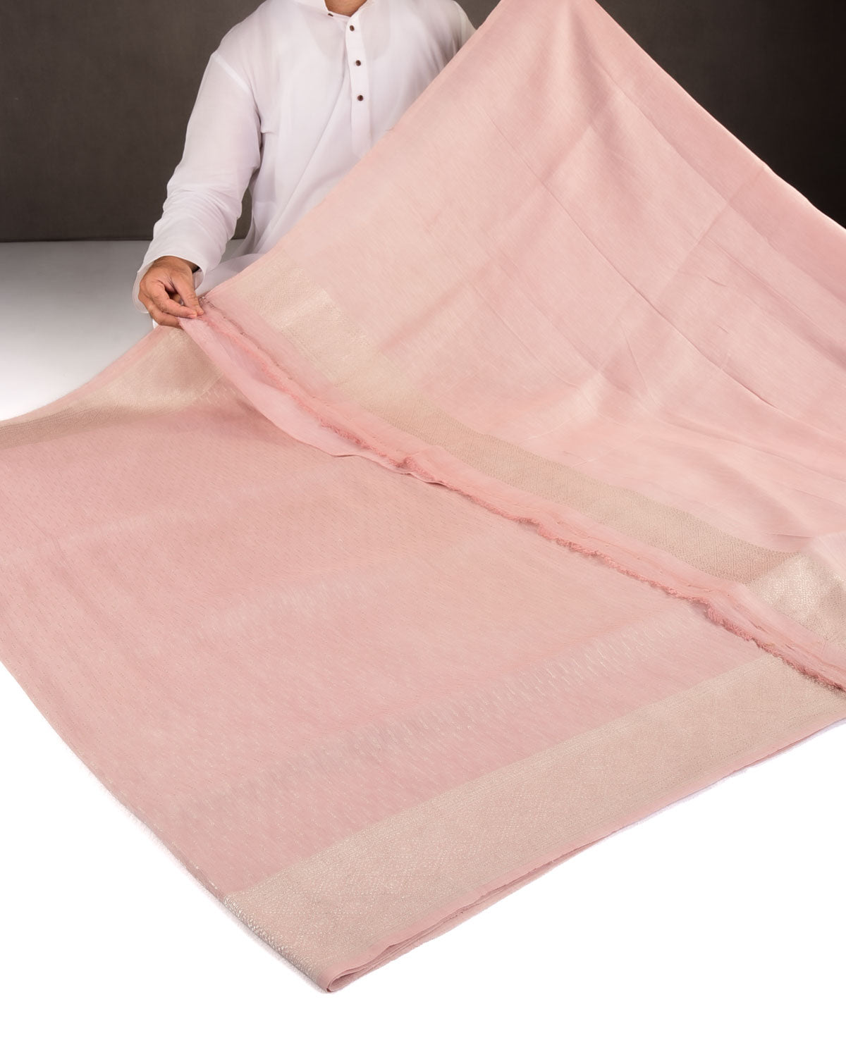 Rose Pink Silver Zari Buti Brocade Woven Linen Silk Banarasi Saree