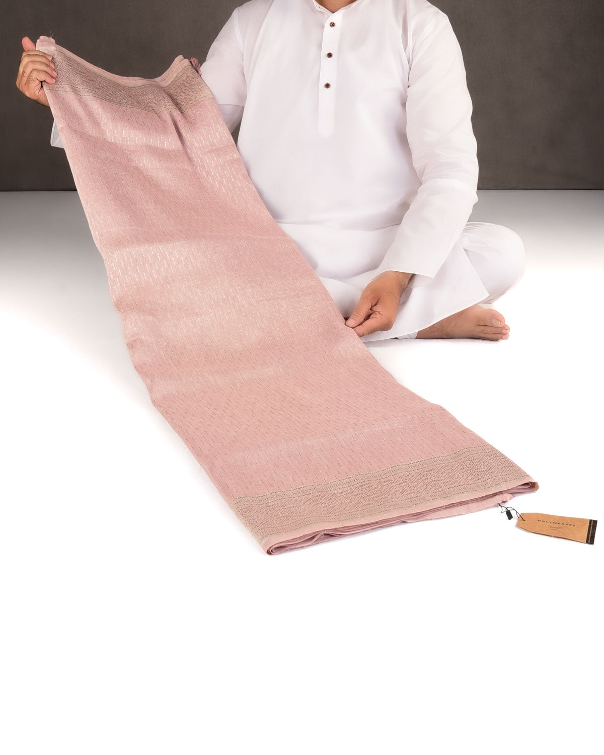 Rose Pink Silver Zari Buti Brocade Woven Linen Silk Banarasi Saree