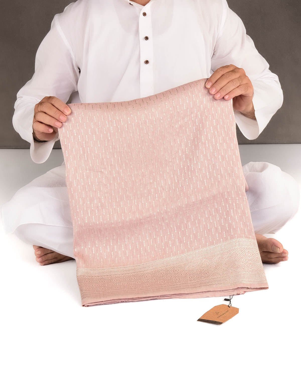 Rose Pink Silver Zari Buti Brocade Woven Linen Silk Banarasi Saree
