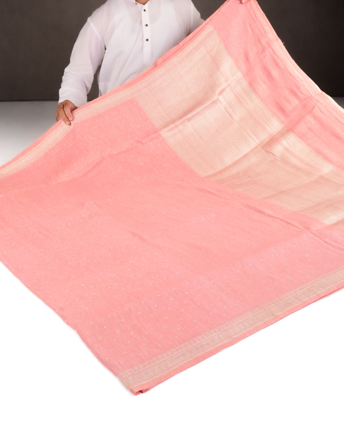 Pink Silver Zari Buti Brocade Woven Linen Silk Banarasi Saree-HolyWeaves