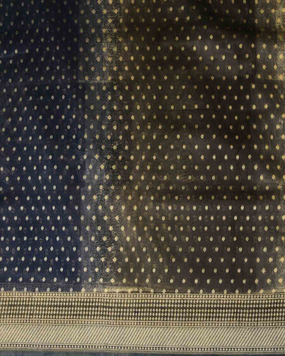 Mottled Black Gold Zari Buti Cutwork Brocade Woven Cotton Silk Banarasi Saree-HolyWeaves