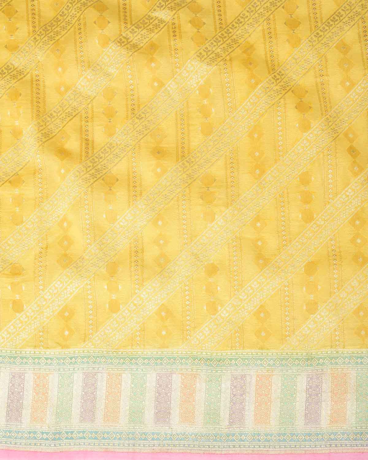 Yellow Gold Zari Jaal Hand Brush Dye Border Cutwork Brocade Handwoven Khaddi Georgette Banarasi Saree-HolyWeaves