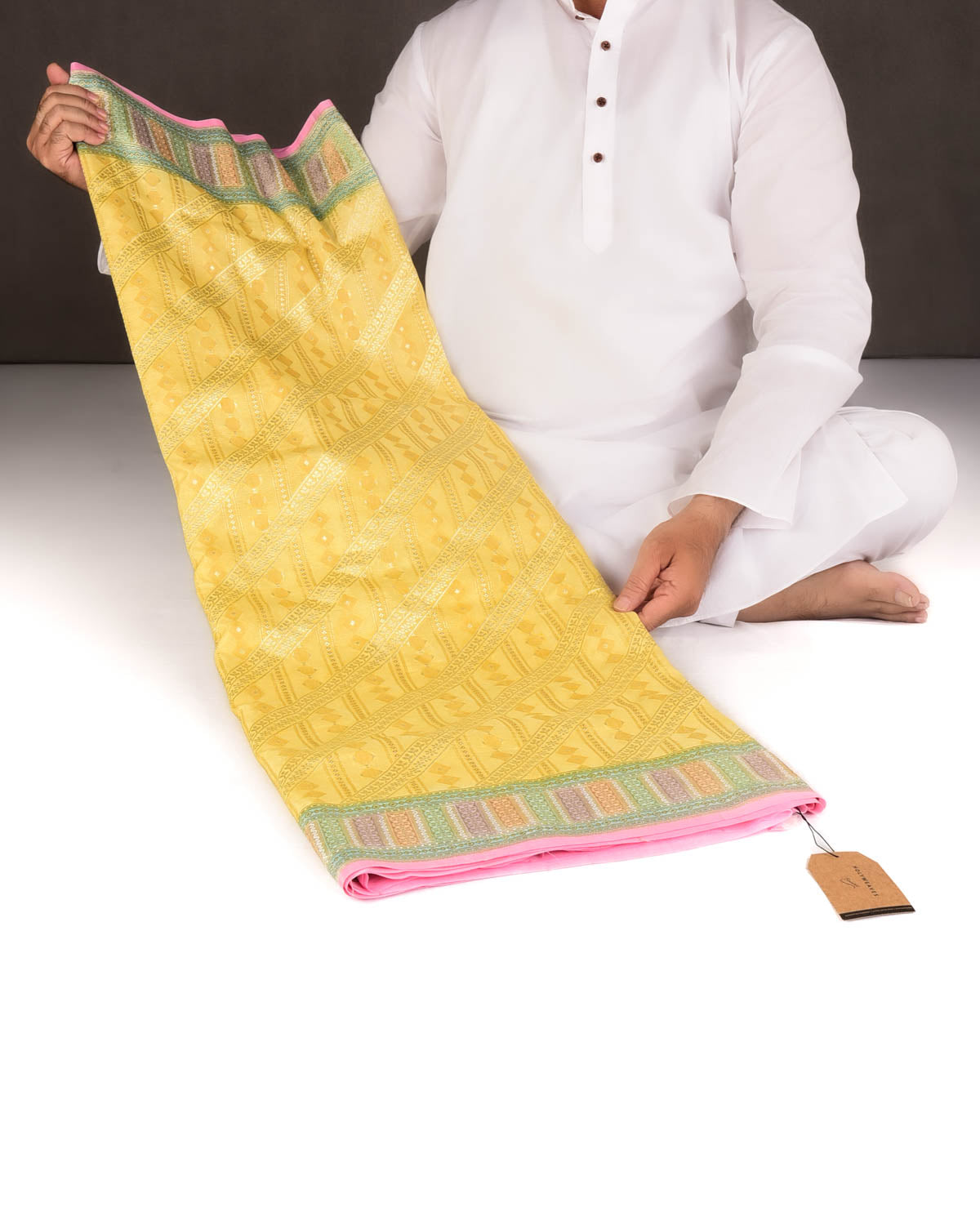Yellow Gold Zari Jaal Hand Brush Dye Border Cutwork Brocade Handwoven Khaddi Georgette Banarasi Saree-HolyWeaves
