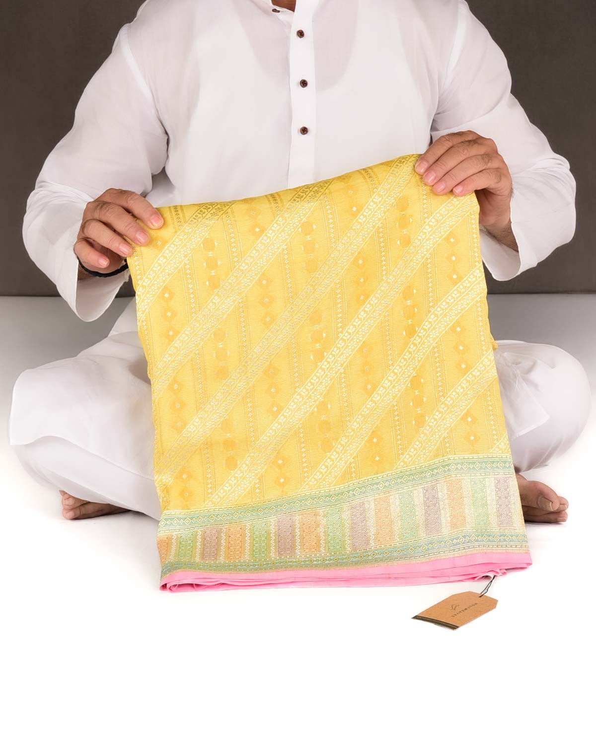 Yellow Gold Zari Jaal Hand Brush Dye Border Cutwork Brocade Handwoven Khaddi Georgette Banarasi Saree-HolyWeaves