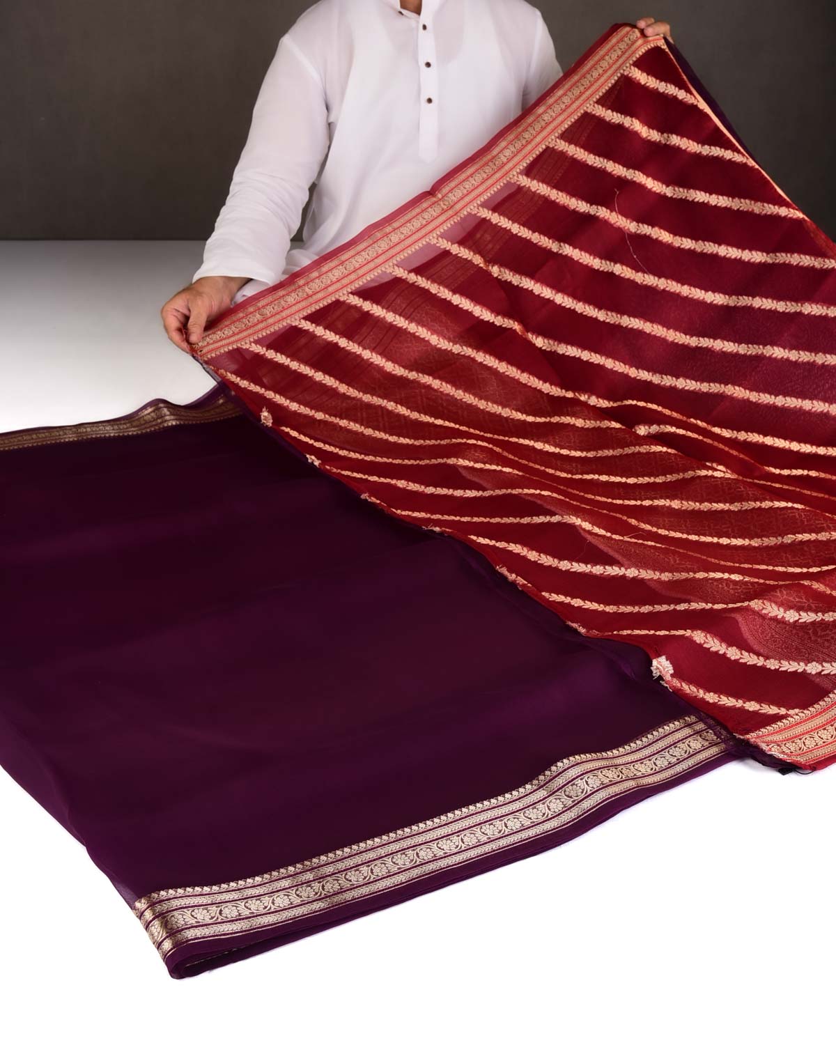 Purple Gold Zari Border Pallu Brocade Woven Kora Silk Banarasi Saree-HolyWeaves
