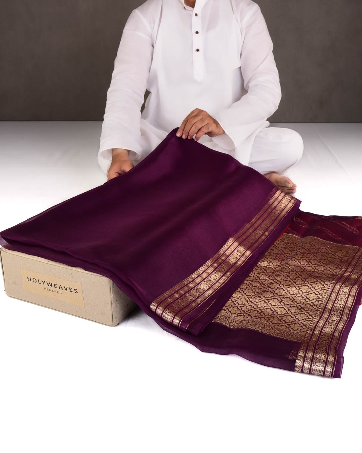 Purple Gold Zari Border Pallu Brocade Woven Kora Silk Banarasi Saree-HolyWeaves