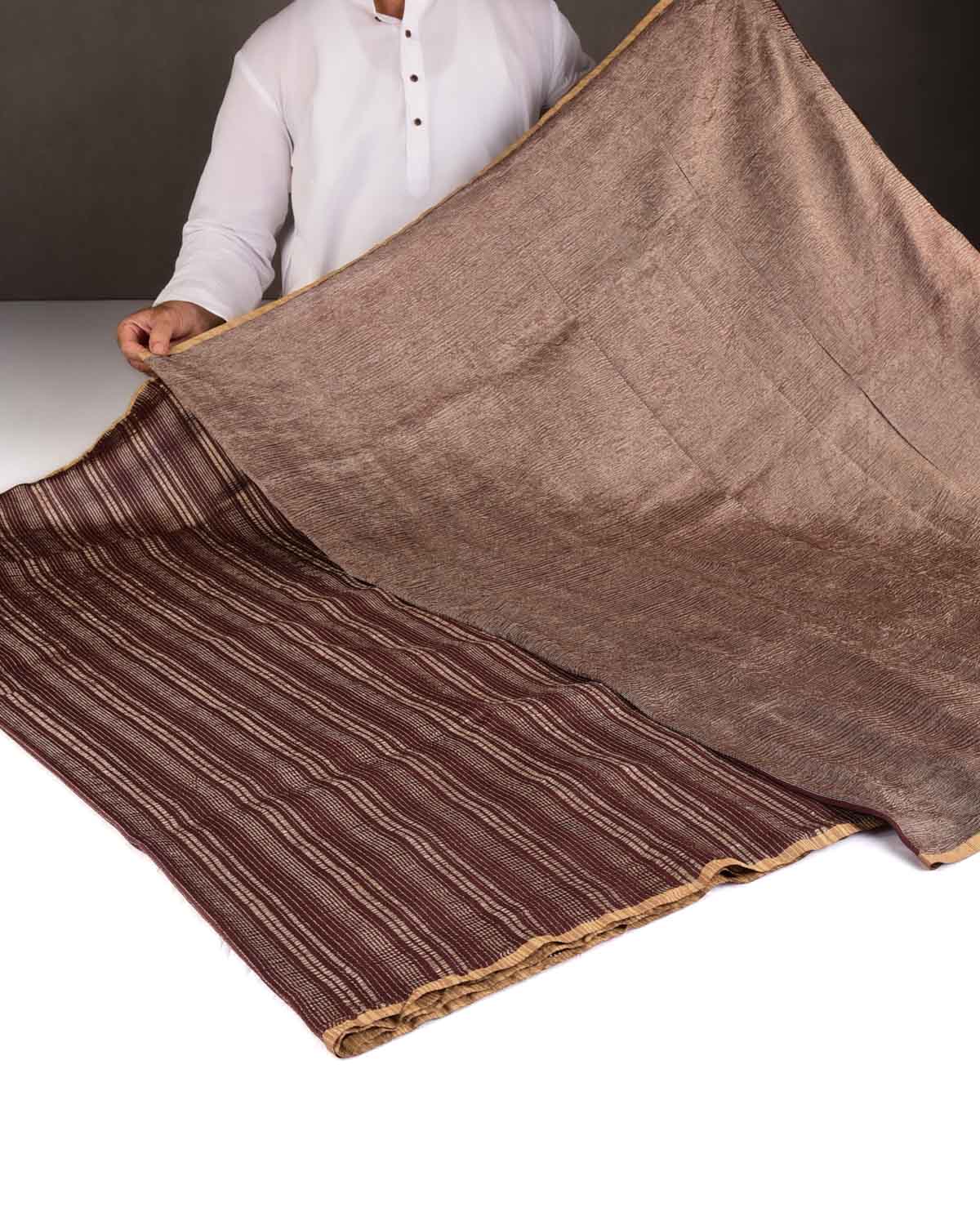 Mahogany Zari Crush Stripes Brocade Woven Muga Silk Banarasi Saree