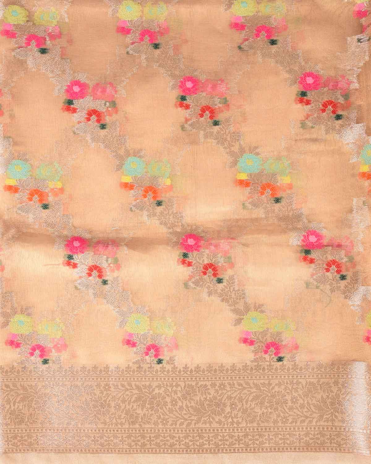Metallic Gold Zari & Resham Floral Diagonal Bel Brocade Woven Kora Tissue Banarasi Saree-HolyWeaves