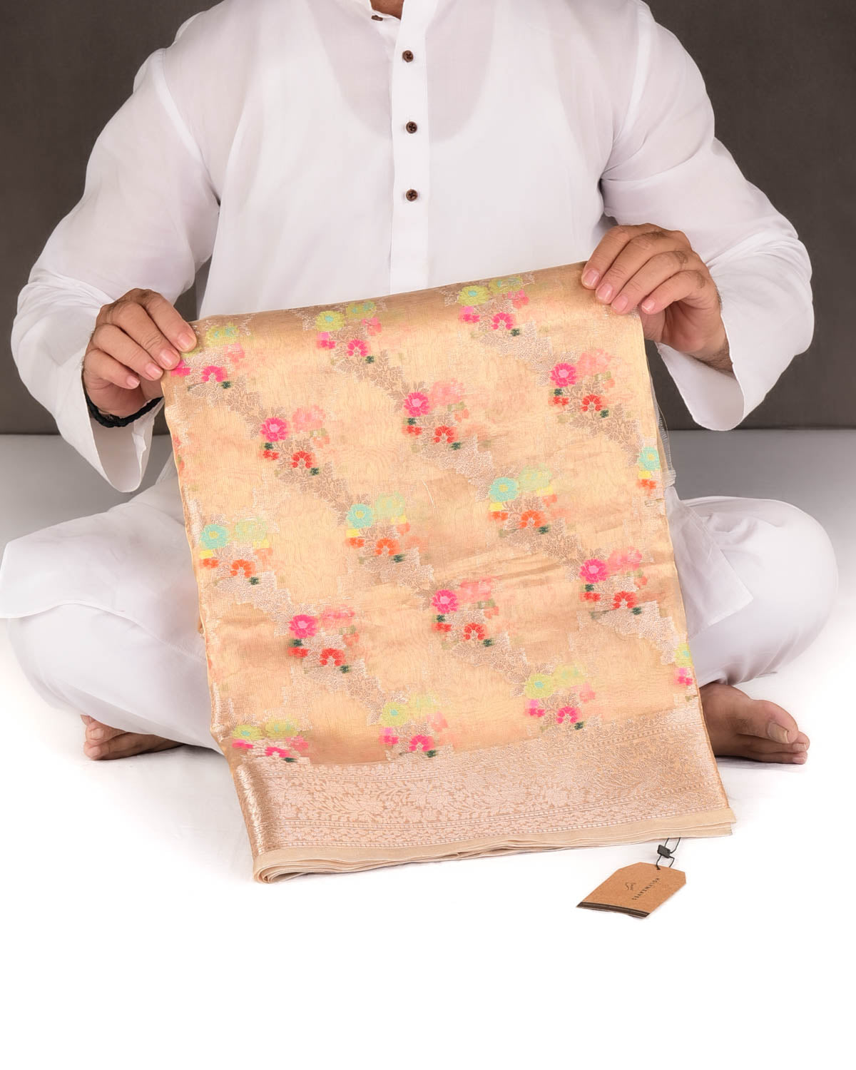 Metallic Gold Zari & Resham Floral Diagonal Bel Brocade Woven Kora Tissue Banarasi Saree-HolyWeaves