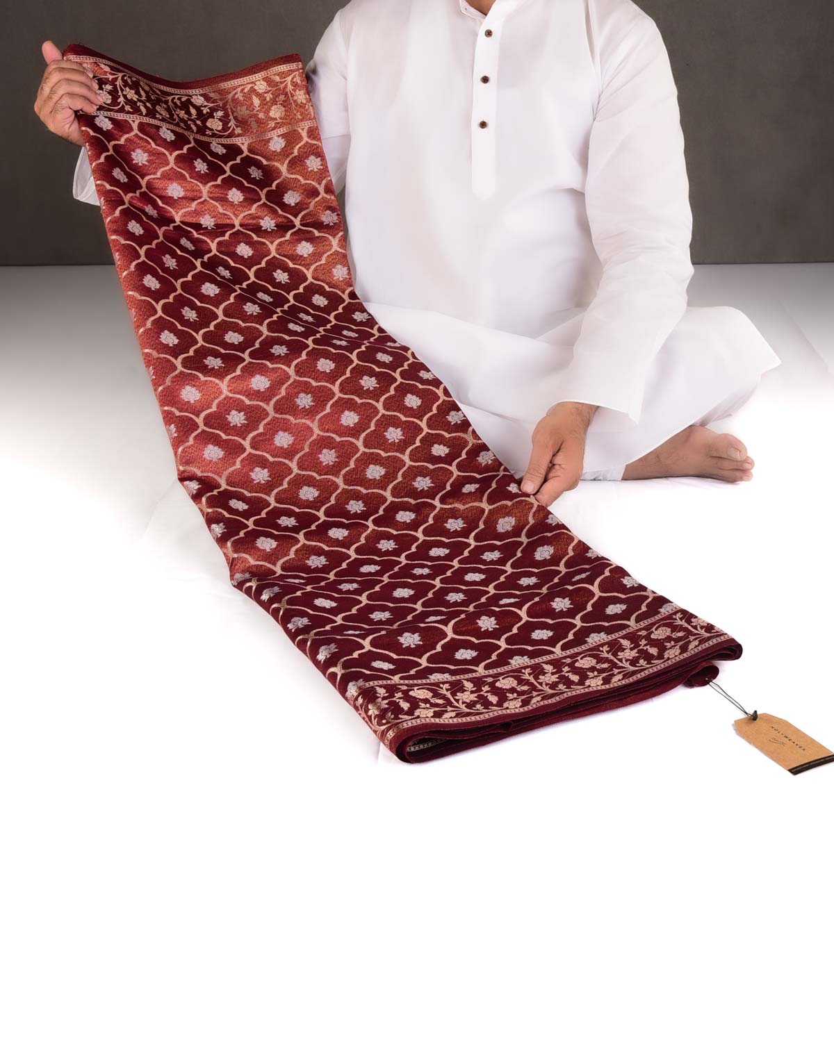 Mahogany Gold & Silver Zari Jangla Cutwork Brocade Woven Dupion Tissue Banarasi Saree