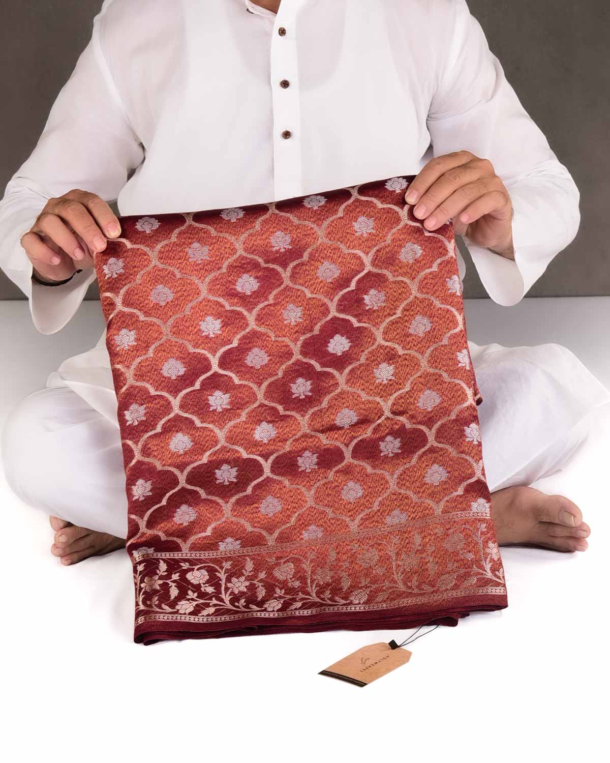 Mahogany Gold & Silver Zari Jangla Cutwork Brocade Woven Dupion Tissue Banarasi Saree