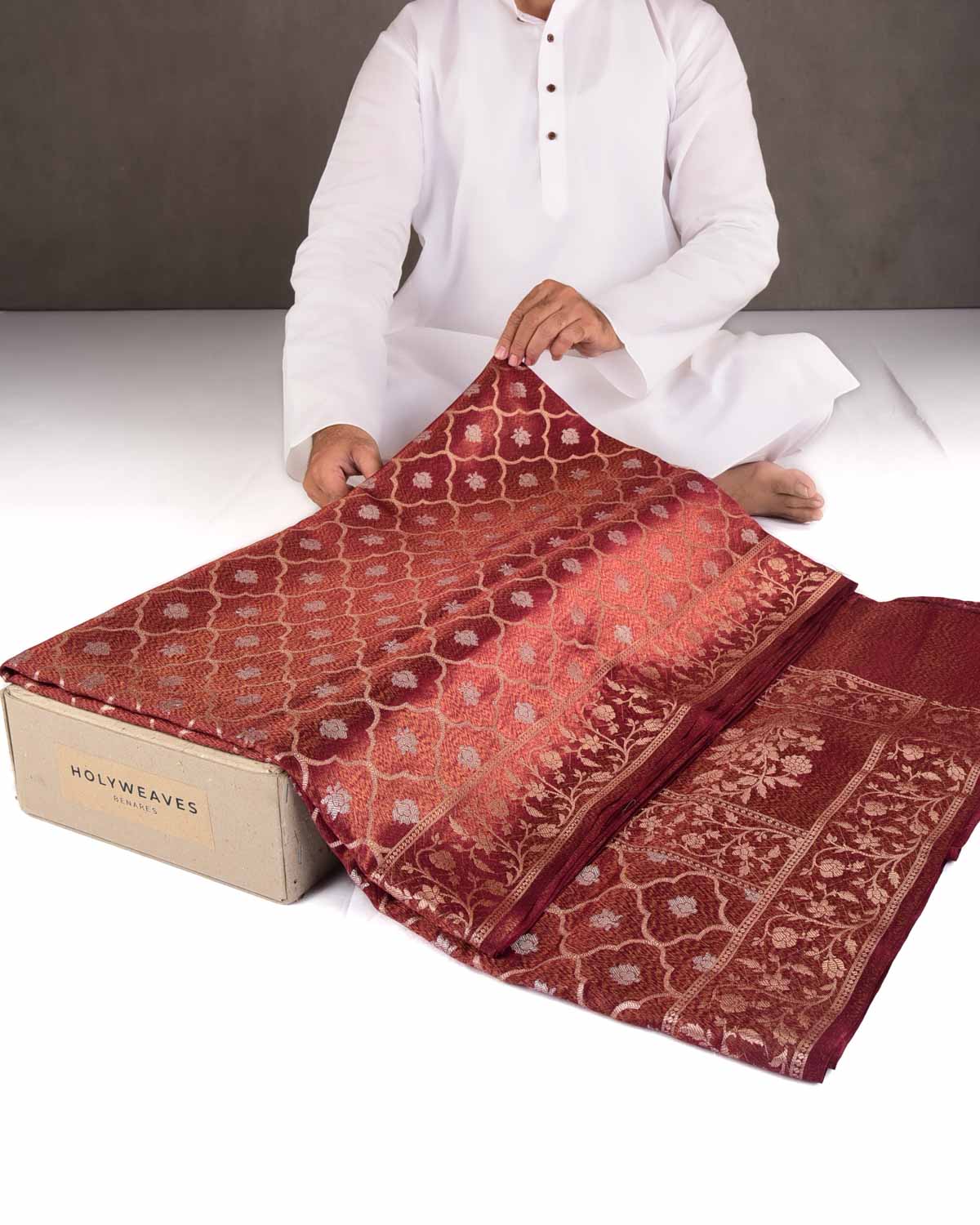 Mahogany Gold & Silver Zari Jangla Cutwork Brocade Woven Dupion Tissue Banarasi Saree