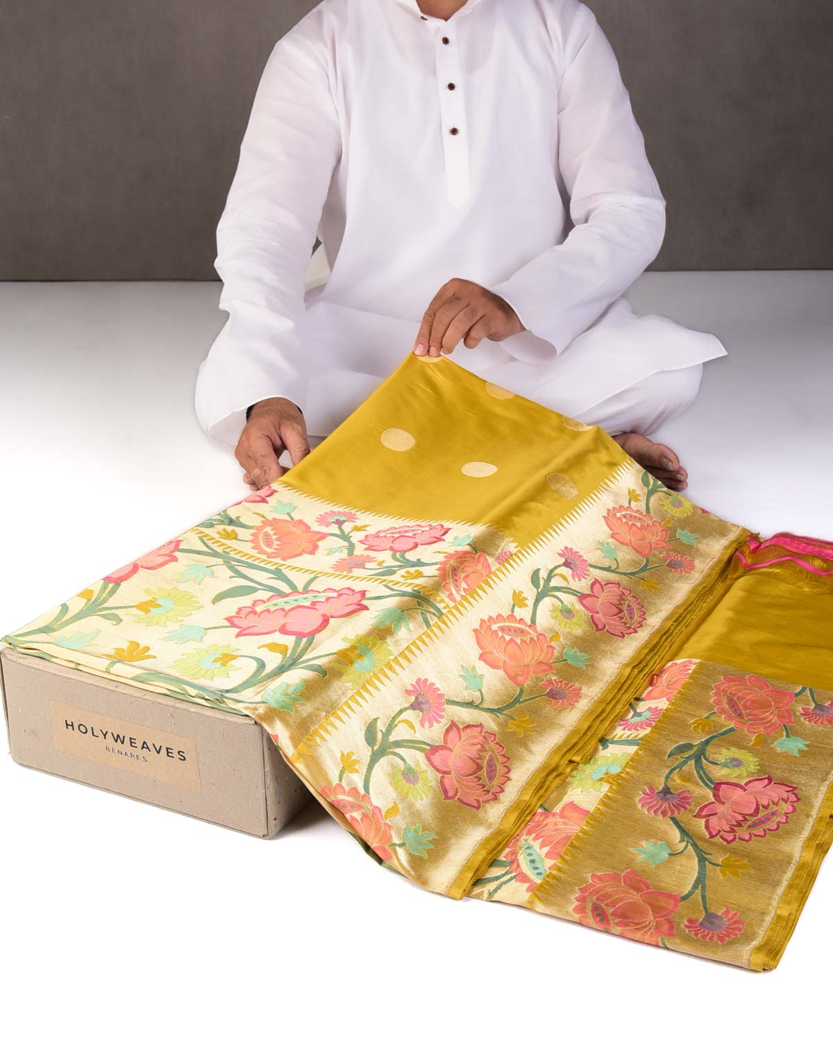 Lime Green Kamal Jaal Paithani Brocade Handwoven Katan Silk Banarasi Saree-HolyWeaves
