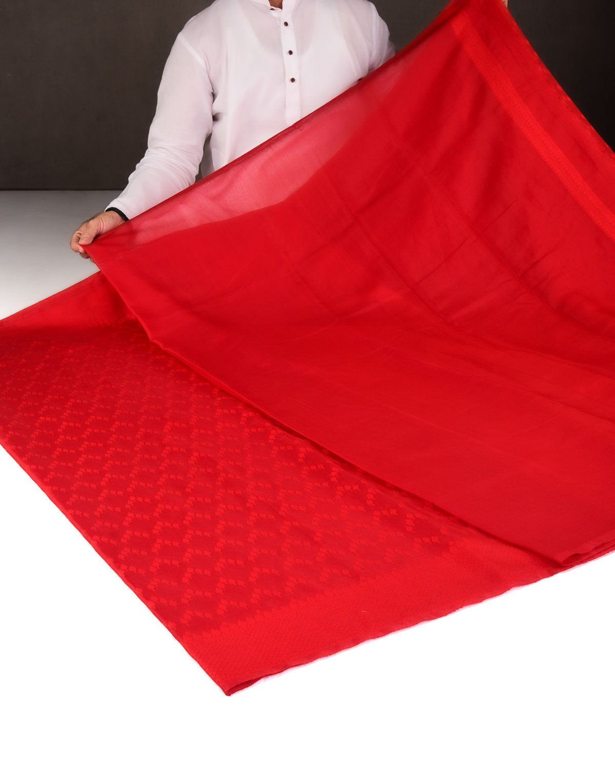 Red Self Buti Cutwork Brocade Woven Art Cotton Silk Banarasi Saree-HolyWeaves