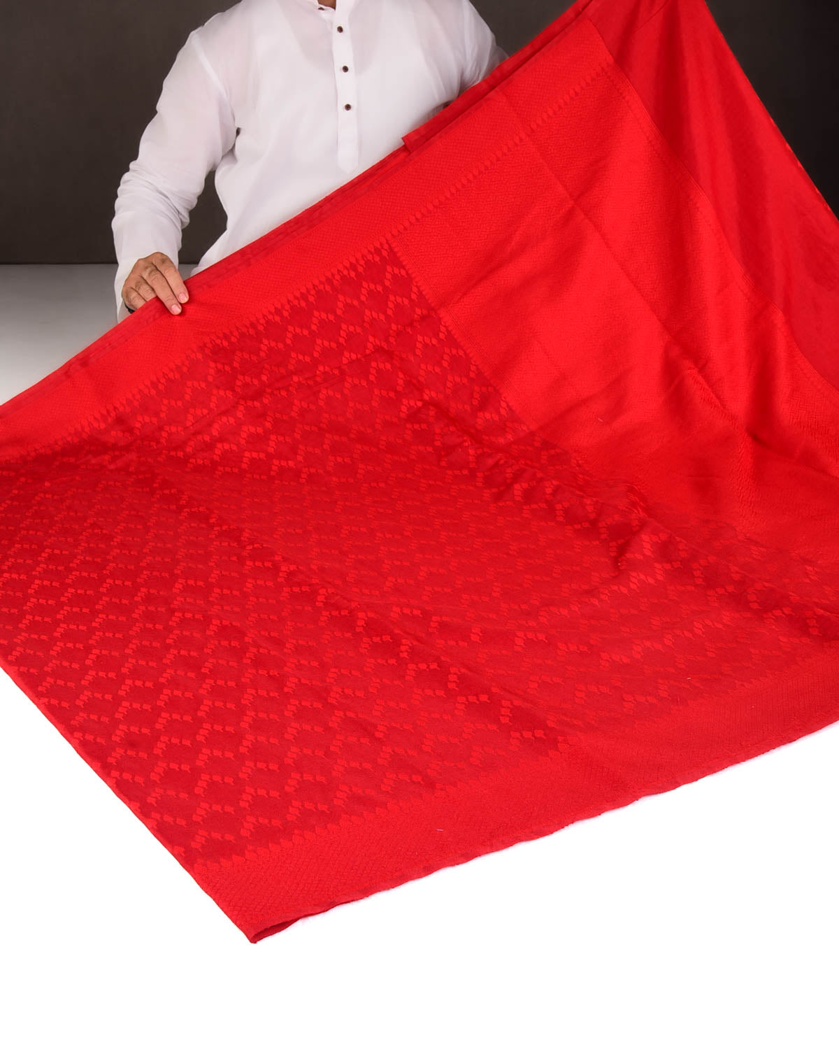 Red Self Buti Cutwork Brocade Woven Art Cotton Silk Banarasi Saree-HolyWeaves