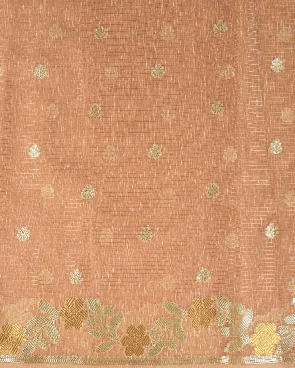 Beige Gold Stripe Silver Buti Cutwork Brocade Woven Art Cotton Silk Banarasi Saree-HolyWeaves
