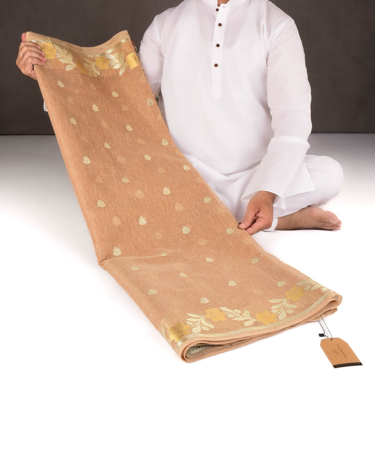 Beige Gold Stripe Silver Buti Cutwork Brocade Woven Art Cotton Silk Banarasi Saree-HolyWeaves