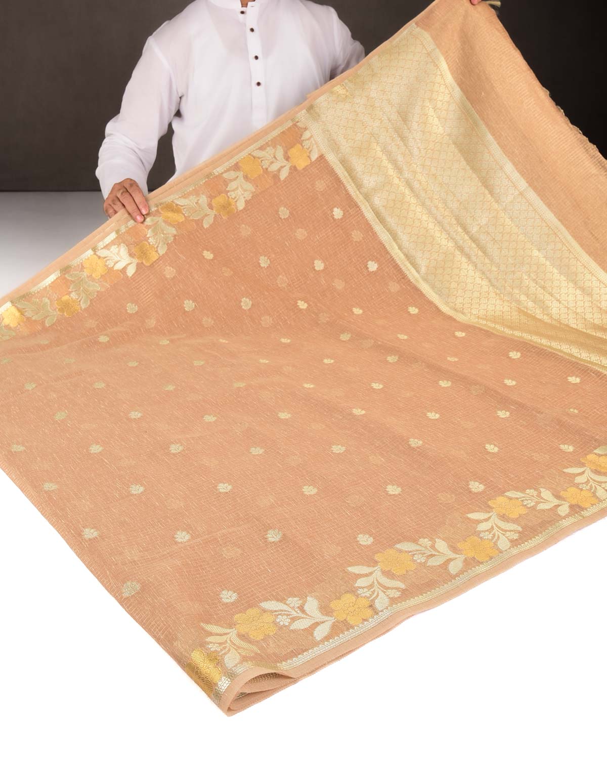 Beige Gold Stripe Silver Buti Cutwork Brocade Woven Art Cotton Silk Banarasi Saree-HolyWeaves