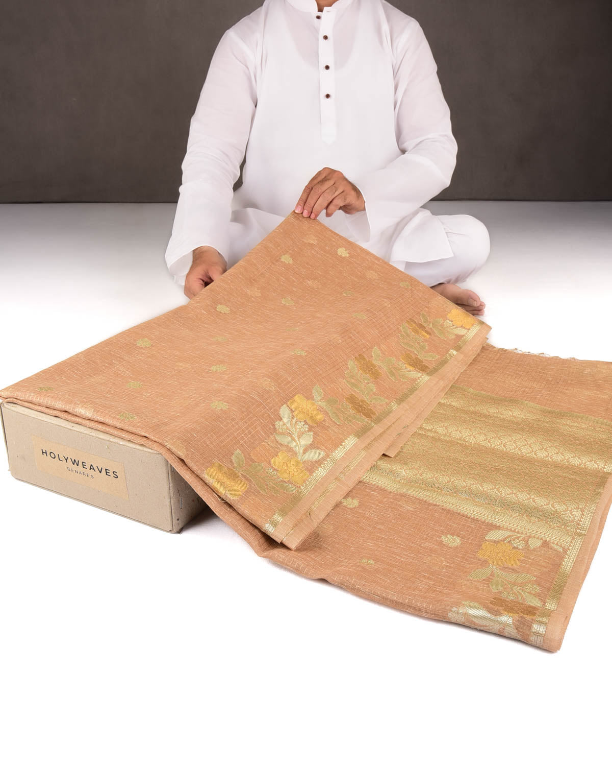 Beige Gold Stripe Silver Buti Cutwork Brocade Woven Art Cotton Silk Banarasi Saree-HolyWeaves