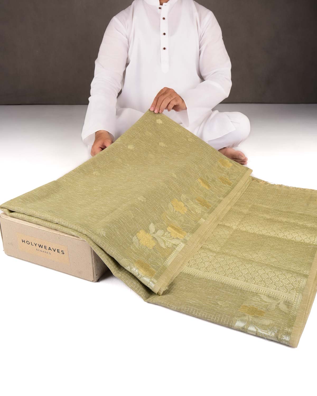 Light Olive Green Gold Stripe Silver Buti Cutwork Brocade Woven Art Cotton Silk Banarasi Saree-HolyWeaves
