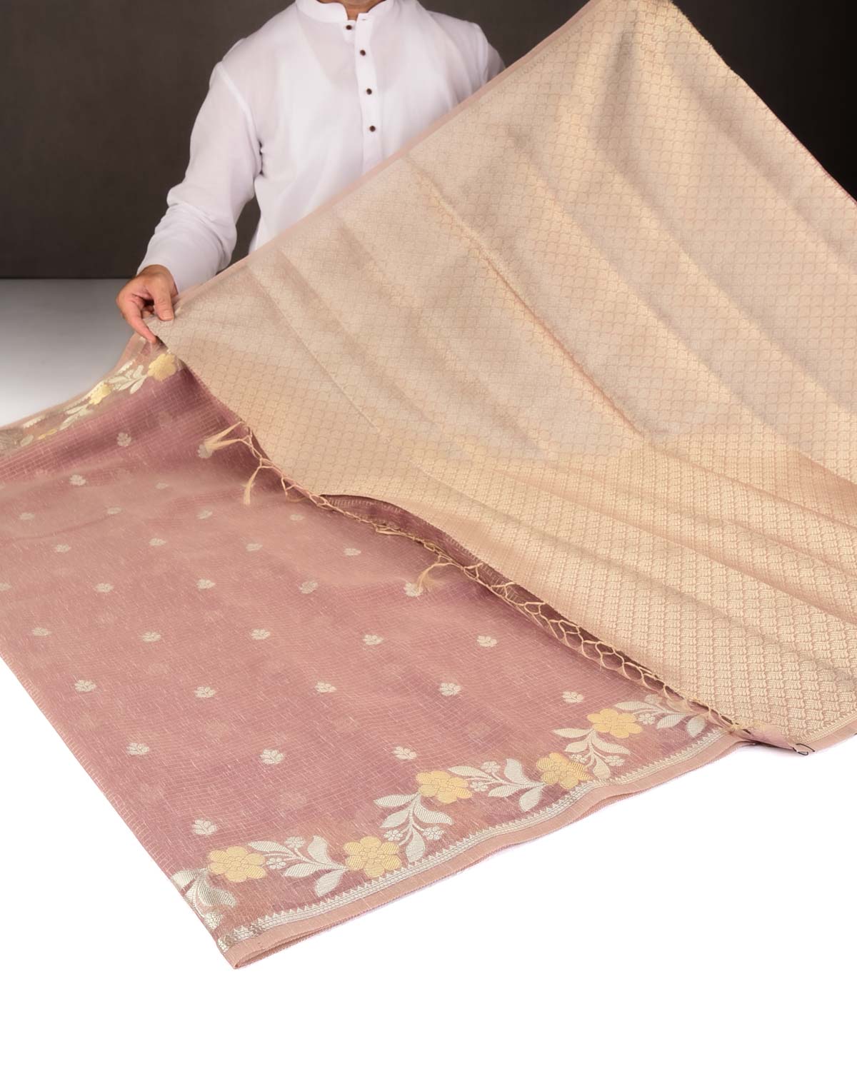 Textured Mauve Gold Stripe Silver Buti Cutwork Brocade Woven Art Cotton Silk Banarasi Saree-HolyWeaves