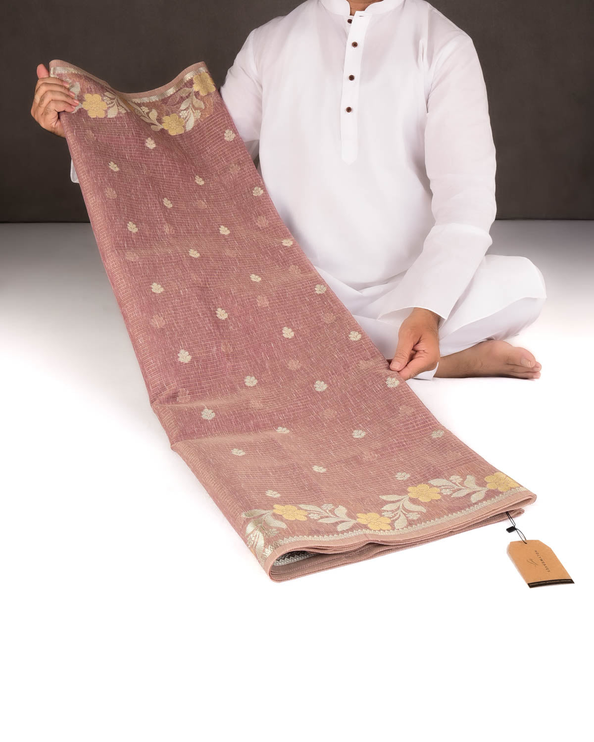 Textured Mauve Gold Stripe Silver Buti Cutwork Brocade Woven Art Cotton Silk Banarasi Saree-HolyWeaves