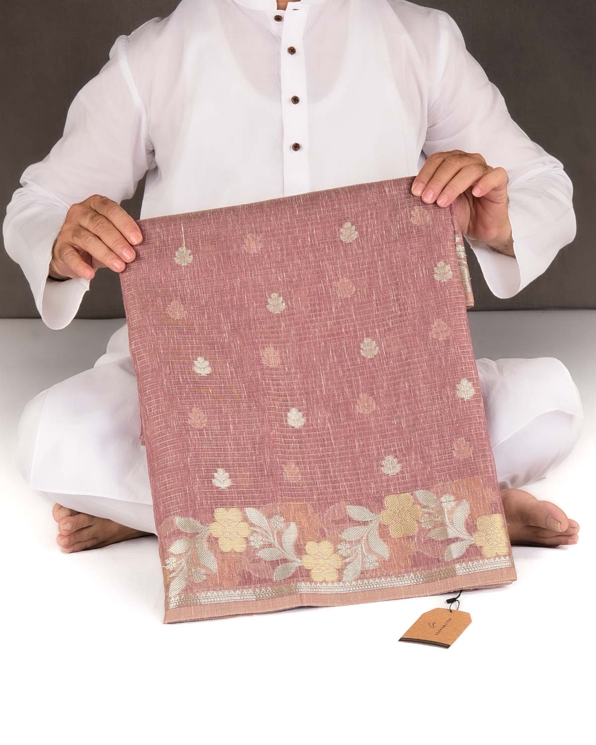 Textured Mauve Gold Stripe Silver Buti Cutwork Brocade Woven Art Cotton Silk Banarasi Saree-HolyWeaves
