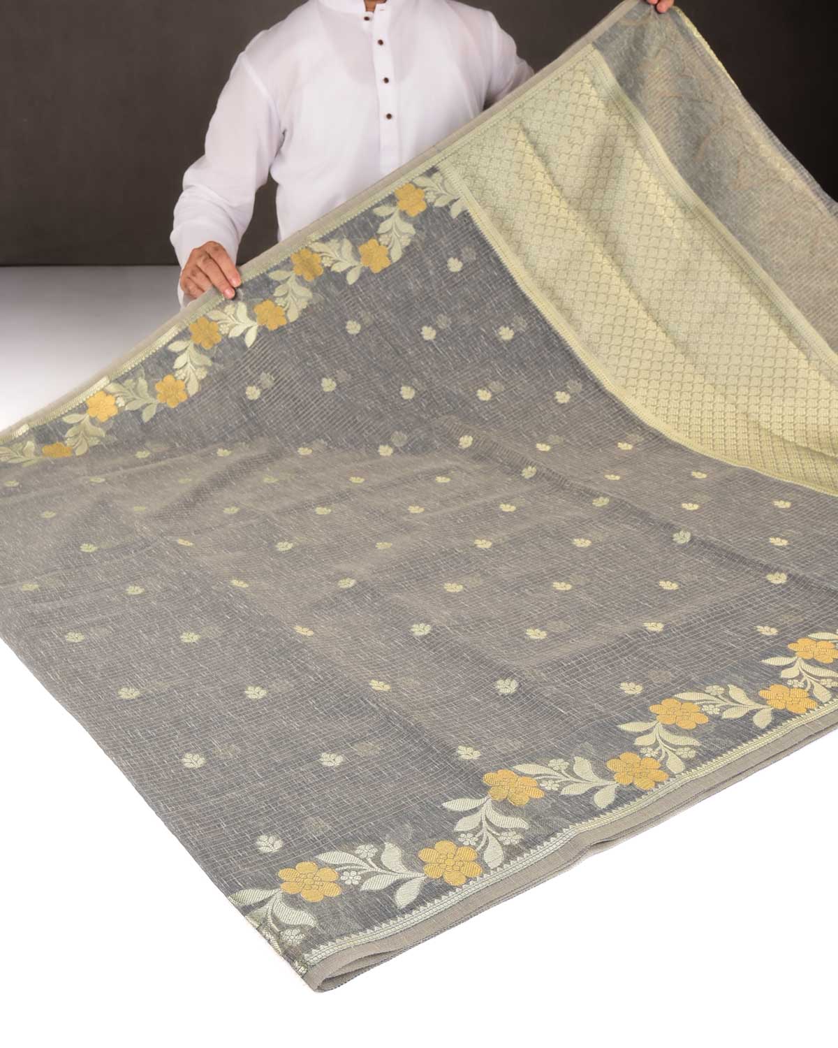 Textured Gray Gold Stripe Silver Buti Cutwork Brocade Woven Art Cotton Silk Banarasi Saree