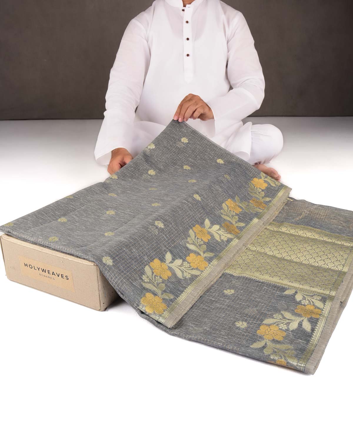 Textured Gray Gold Stripe Silver Buti Cutwork Brocade Woven Art Cotton Silk Banarasi Saree
