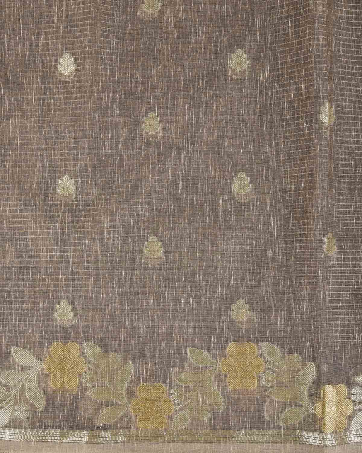 Textured Brown Gold Stripe Silver Buti Cutwork Brocade Woven Art Cotton Silk Banarasi Saree