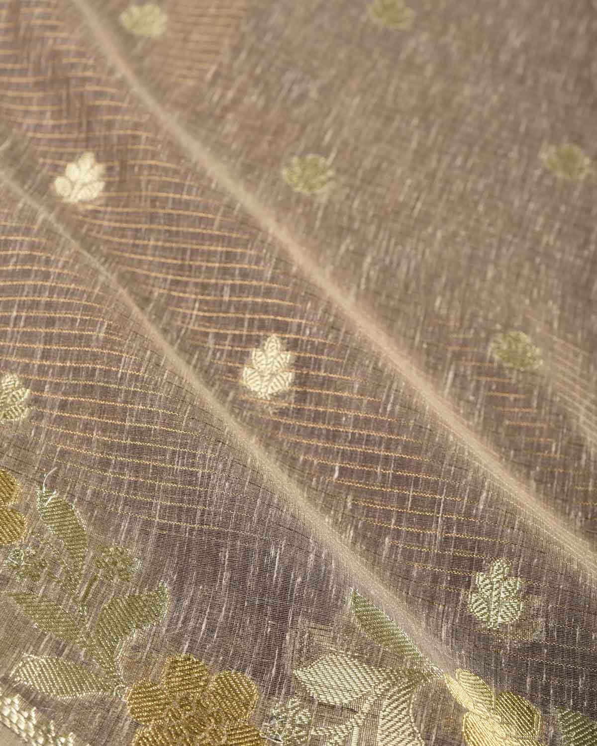 Textured Brown Gold Stripe Silver Buti Cutwork Brocade Woven Art Cotton Silk Banarasi Saree