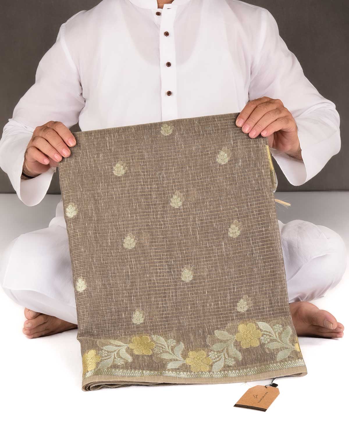 Textured Brown Gold Stripe Silver Buti Cutwork Brocade Woven Art Cotton Silk Banarasi Saree