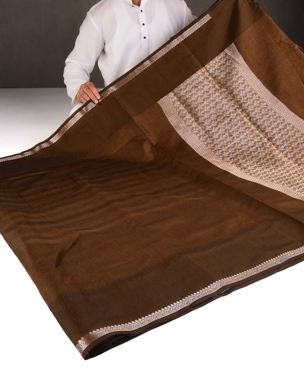 Textured Brown Gold Zari Border Pallu Cutwork Brocade Woven Poly Dupion Banarasi Saree