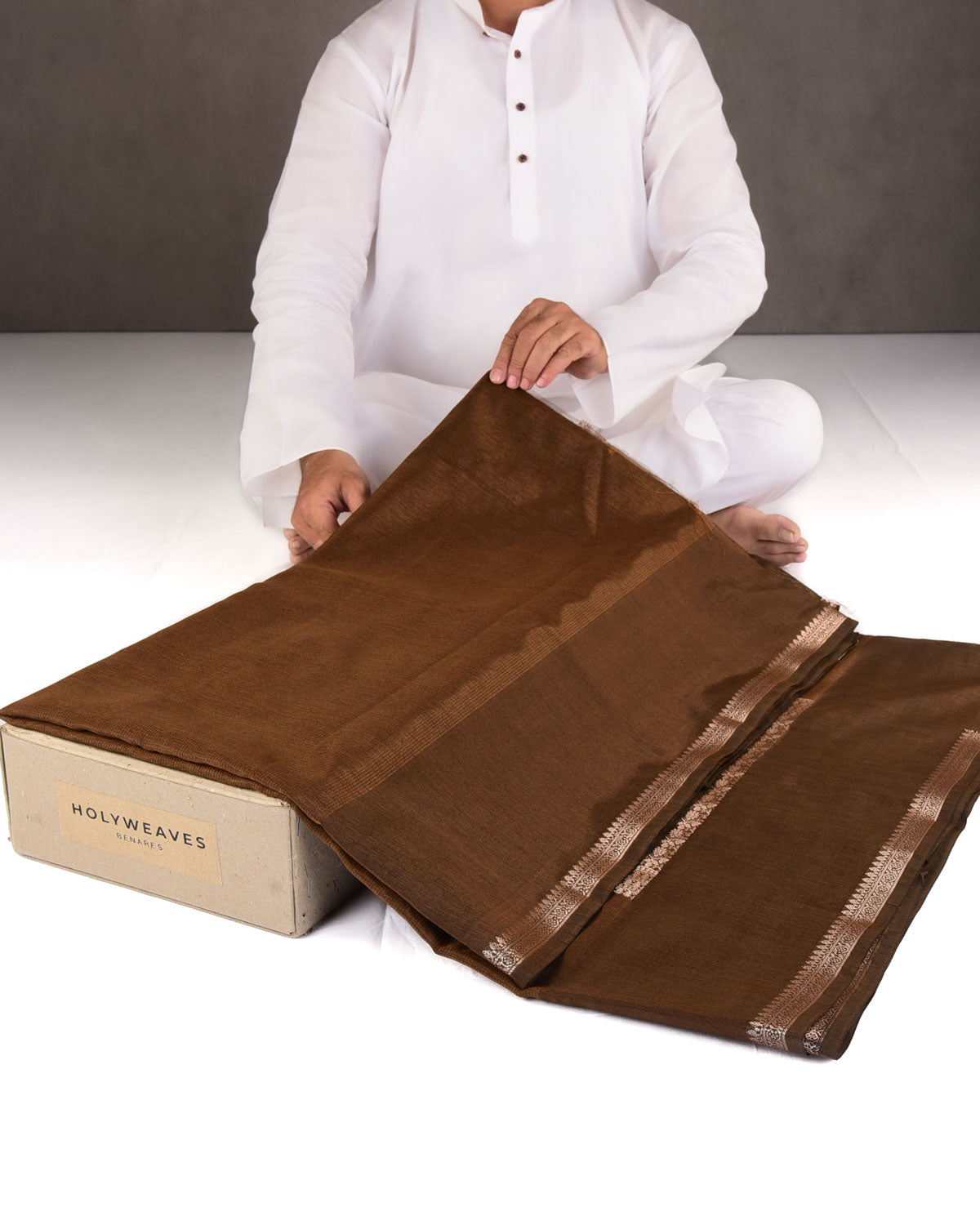 Textured Brown Gold Zari Border Pallu Cutwork Brocade Woven Poly Dupion Banarasi Saree