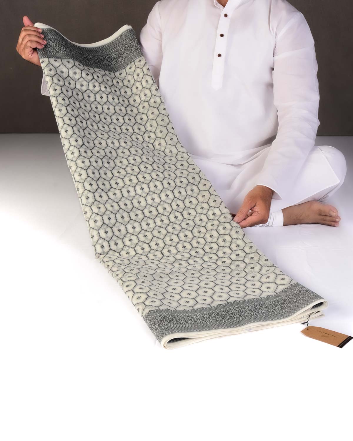 Black & White Resham Jangla Cutwork Brocade Woven Art Cotton Silk Banarasi Saree