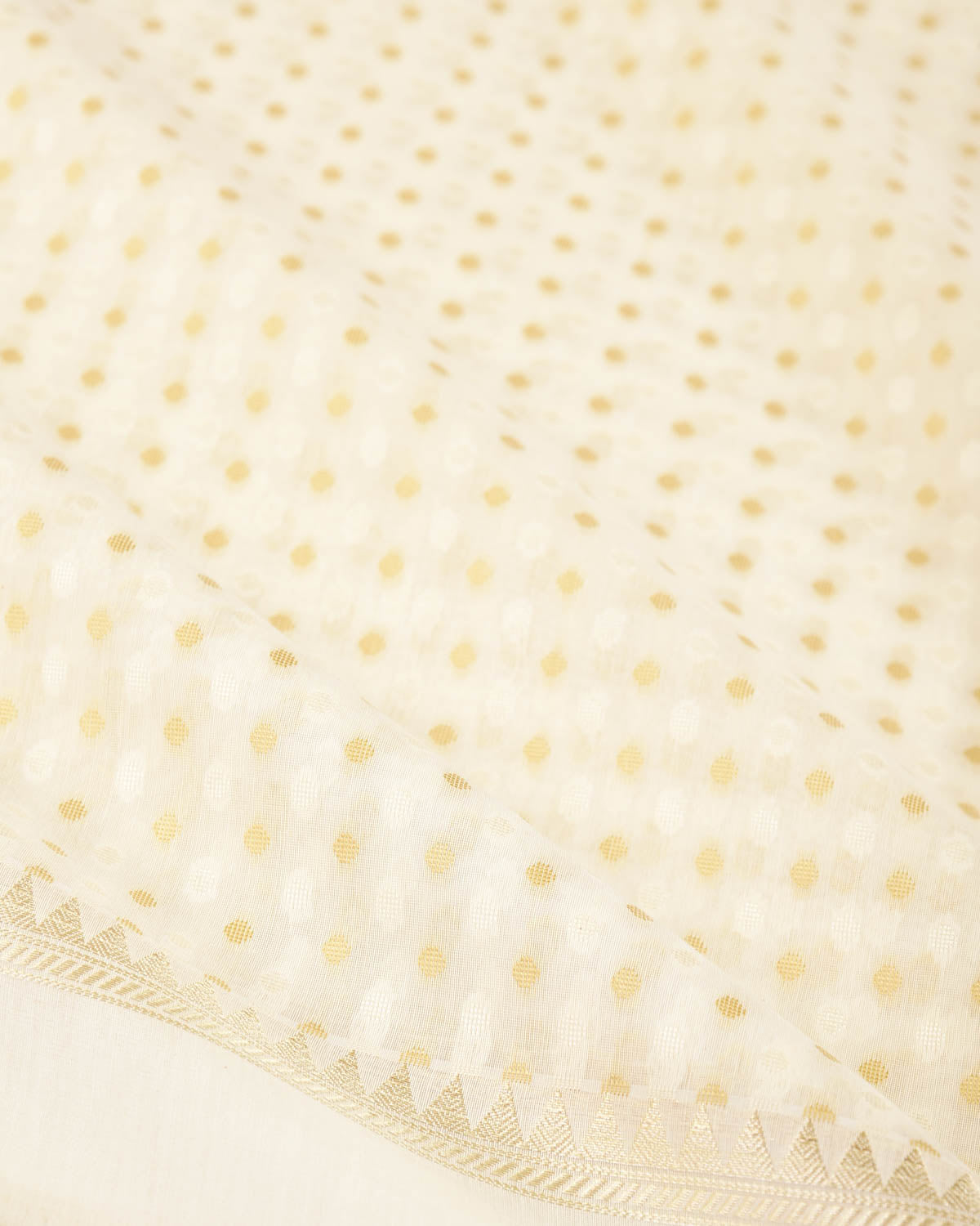 Gold On Cream Mini Polka Dots Cutwork Brocade Woven Art Cotton Silk Banarasi Saree
